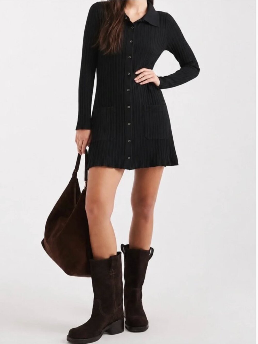 Zara Black Ribbed Snap Front Long Sleeve Dress with Collar Size Small